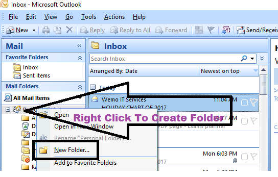 right click to create folder in ms outlook